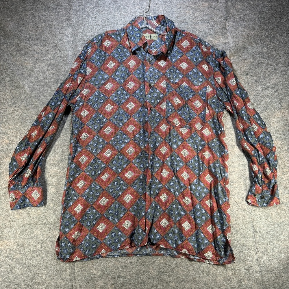 Robert Stock Silk Shirt Men M Geometric Abstract Long Sleeve Button LOUD